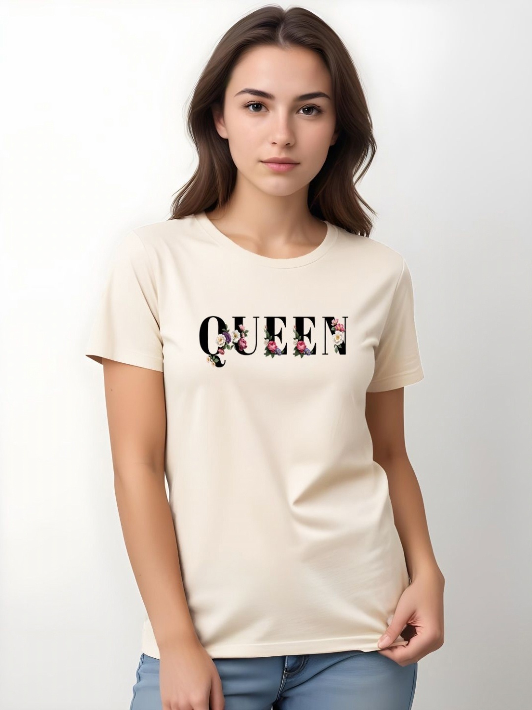 

DressBerry Women Printed Applique T-shirt, Beige