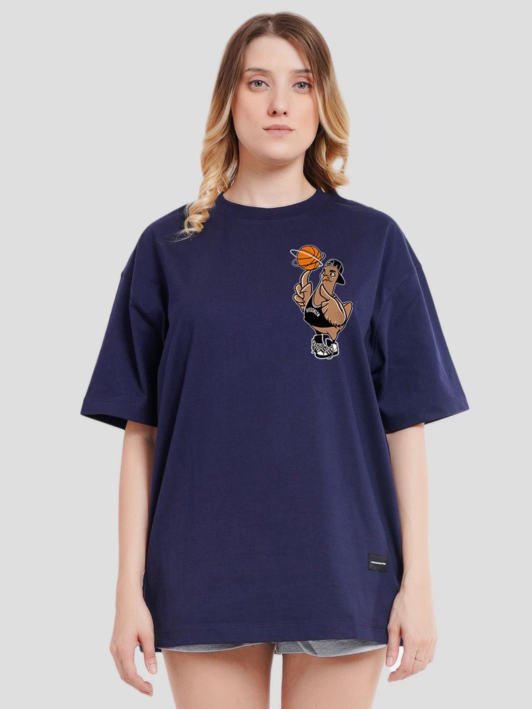 

Underrated Club Women Bio Finish Graphic Printed Round Neck Cotton Oversized T-shirt, Navy blue