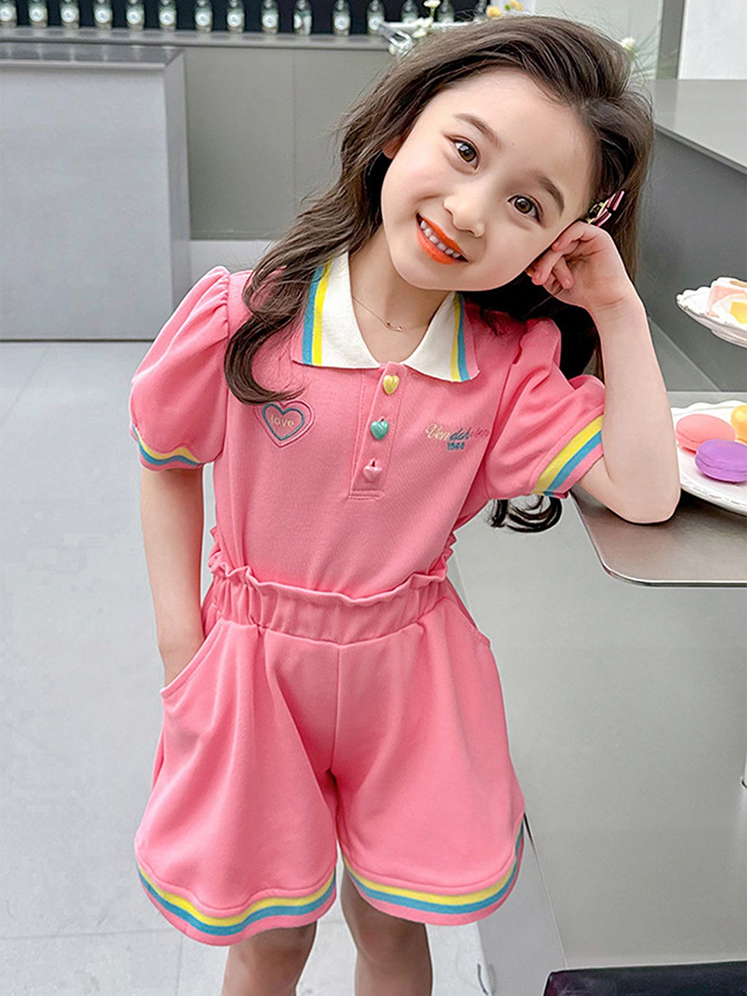 

LULU & SKY Girls Embroidered Shirt With Shorts, Pink