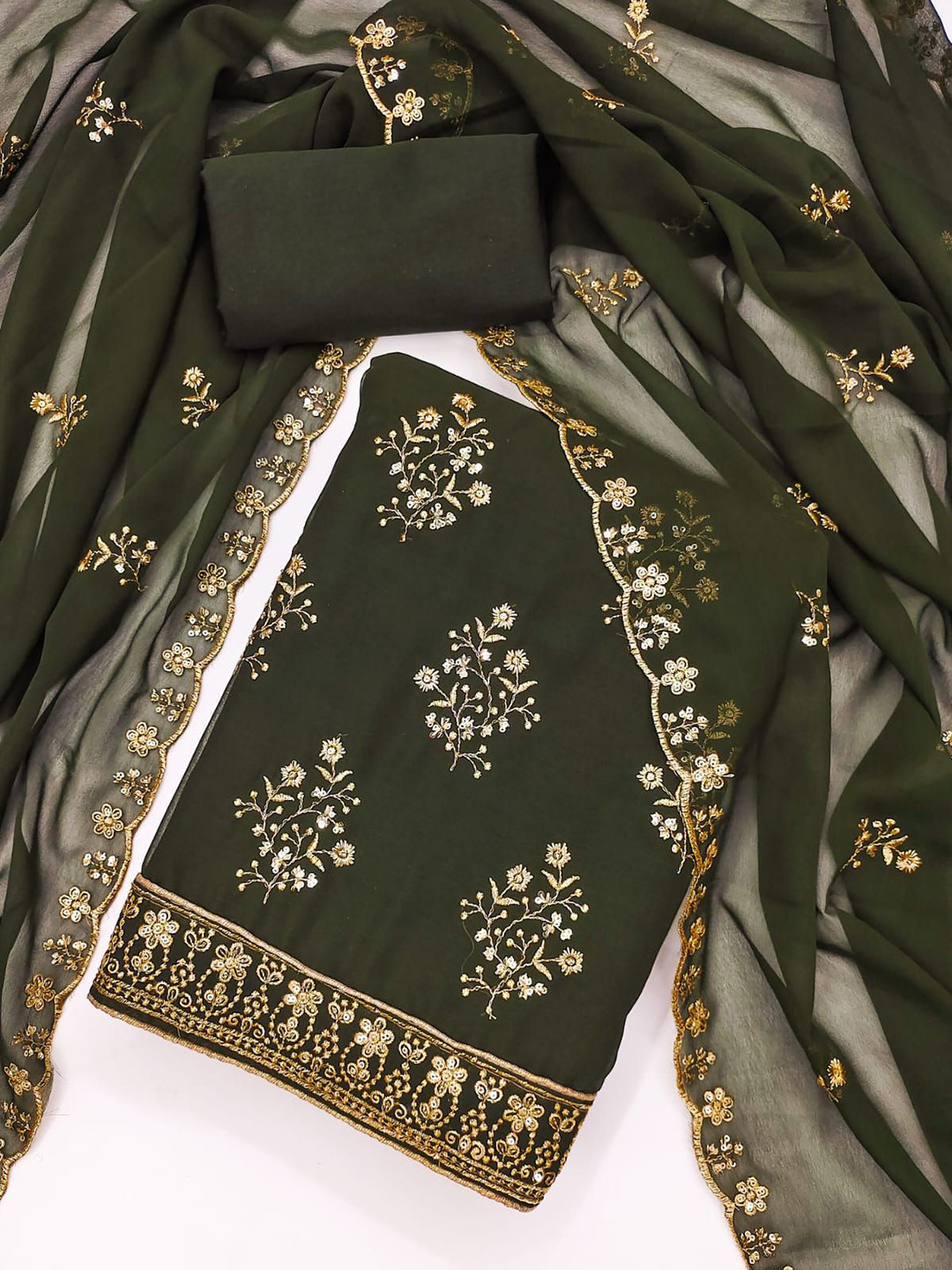 

Rangtulika Floral Embroidered Unstitched Dress Material, Green