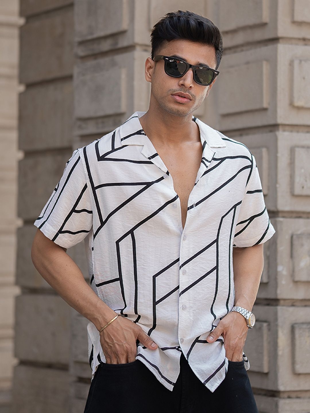 

Powerlook Men Windowpane Checks Opaque Printed Casual Shirt, White