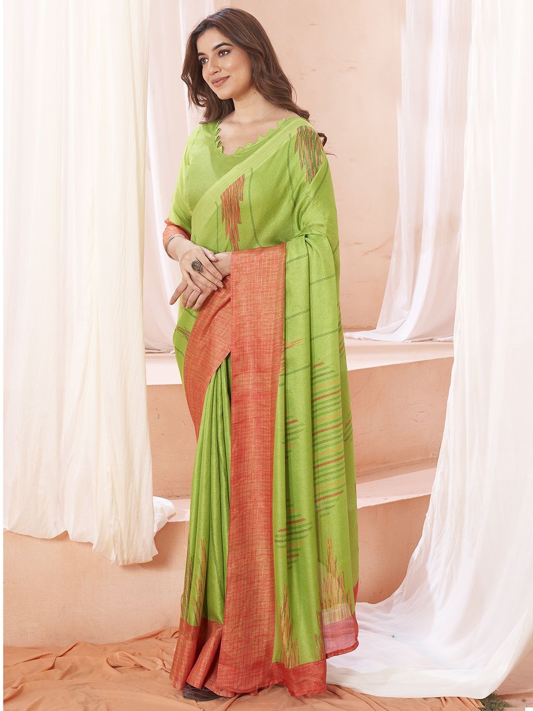 

Anouk Rustic Linen Blend Dabu Saree, Green