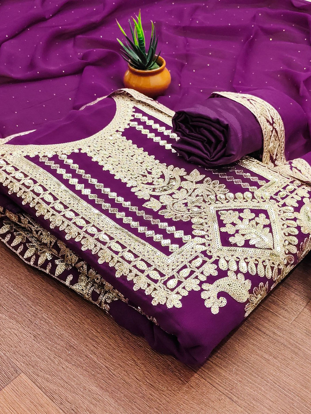 

Rangtulika Ethnics Sequinned Embroidered Thread Work Unstitched Dress Material, Purple