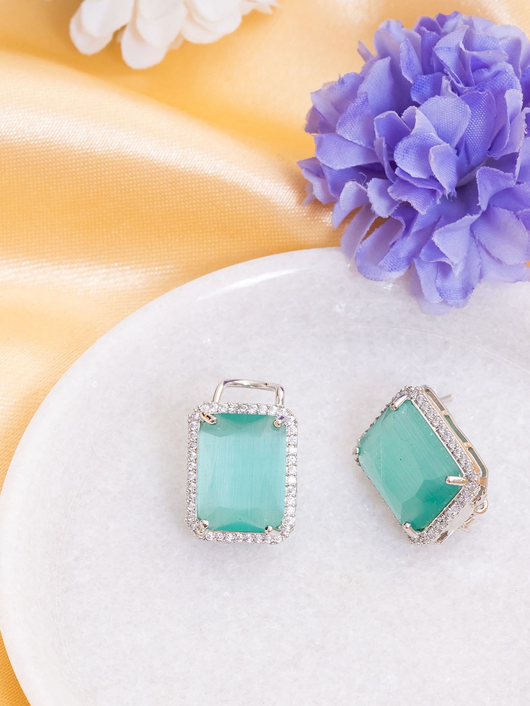 

MAIRA Rhodium-Plated American Diamond Studded Square Shaped Studs, Green