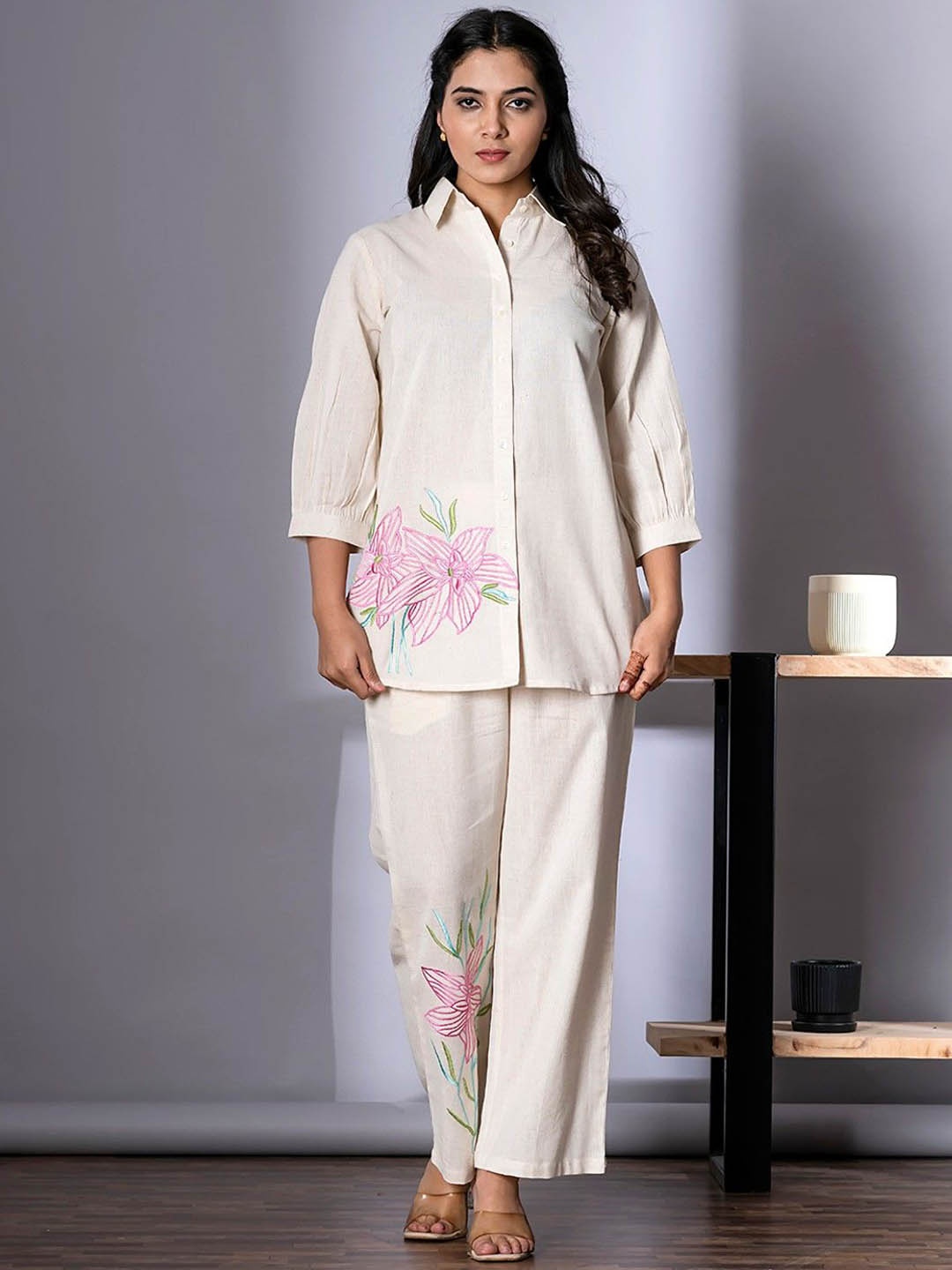 

AUTUMN LANE Floral Embroidered Shirt Collar Pure Cotton Shirt With Trouser, White