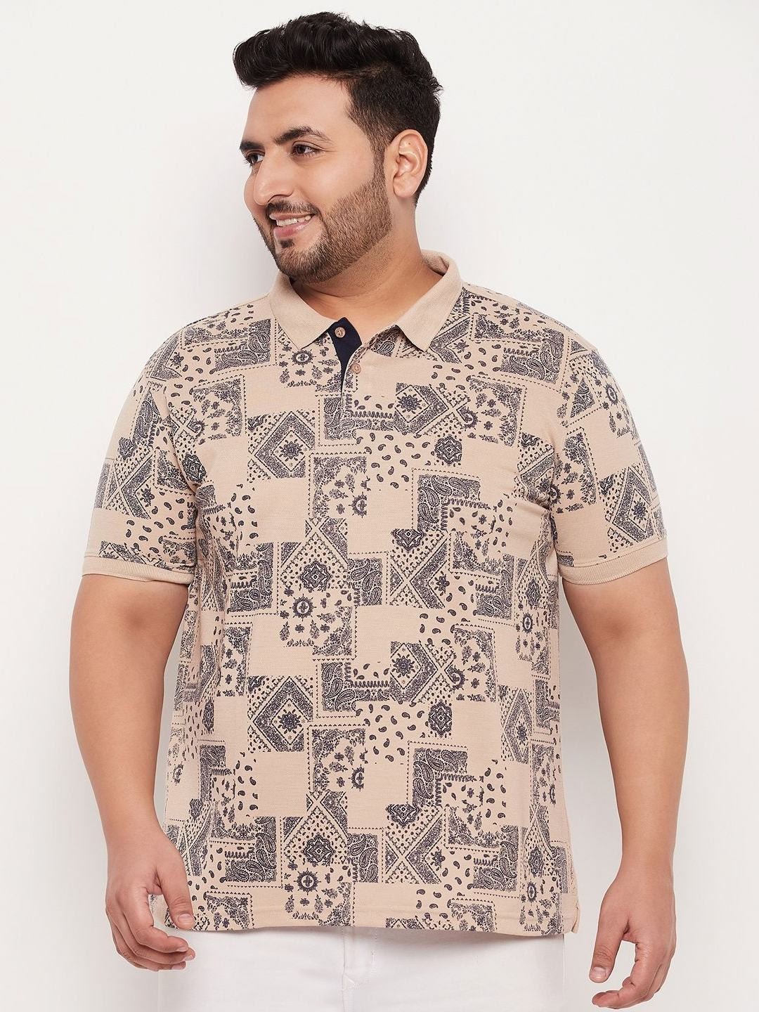 

XFOX Men Printed Polo Collar T-shirt, Beige