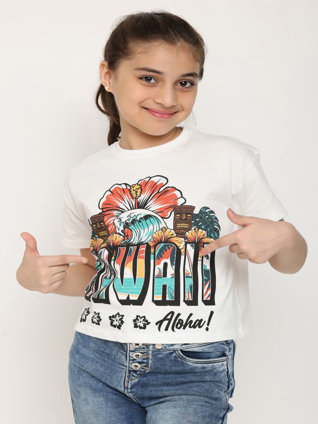 

Wakai Girls Printed Tropical Organic Cotton Applique T-shirt, Off white