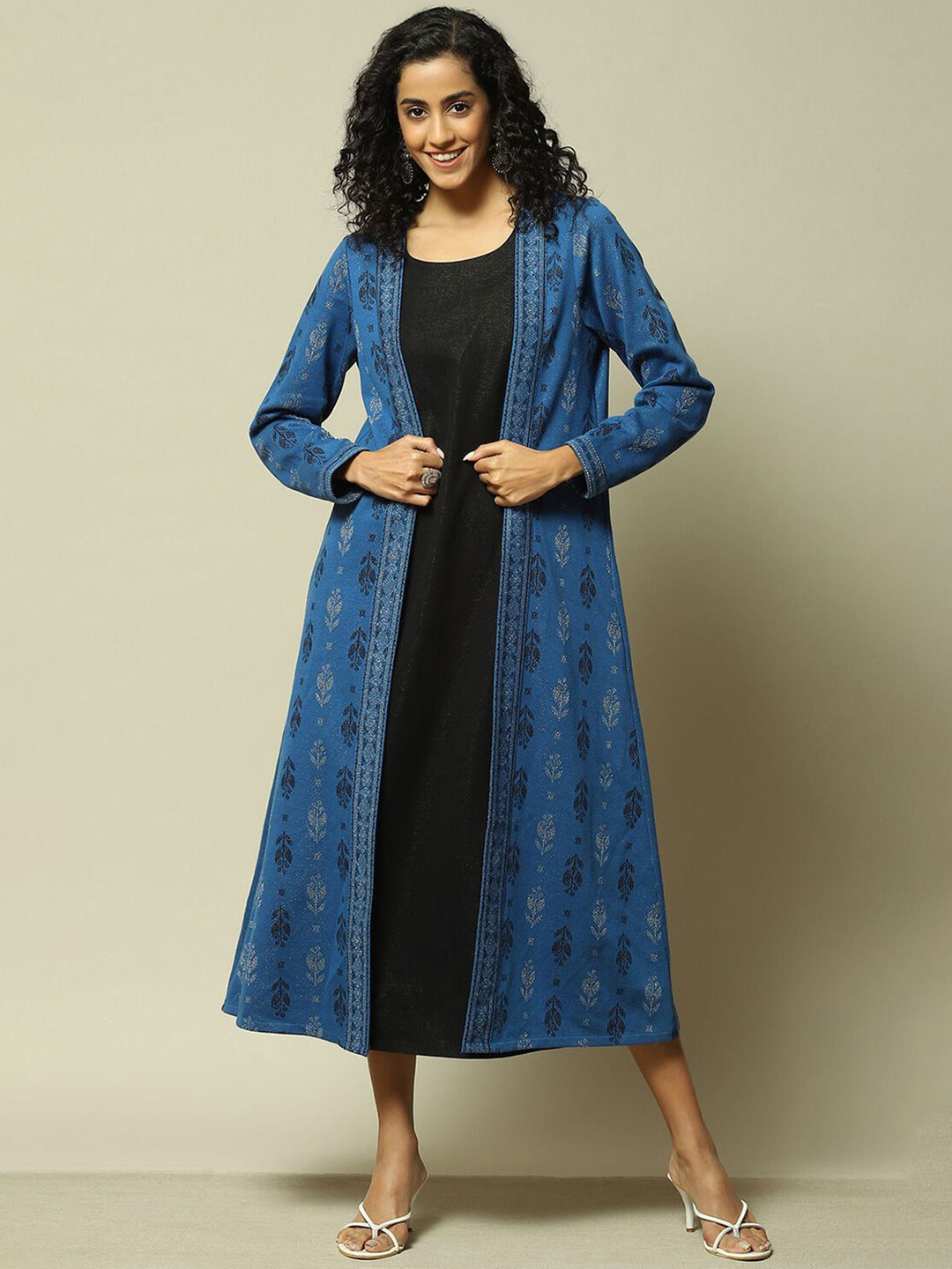 

Rangriti Ethnic Motifs Print Formal A-Line Midi Dress, Blue