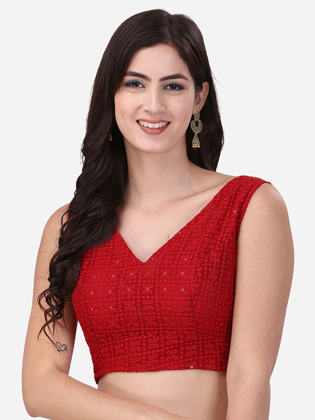 

Oomph! Embroidered Sleeveless Saree Blouse, Red