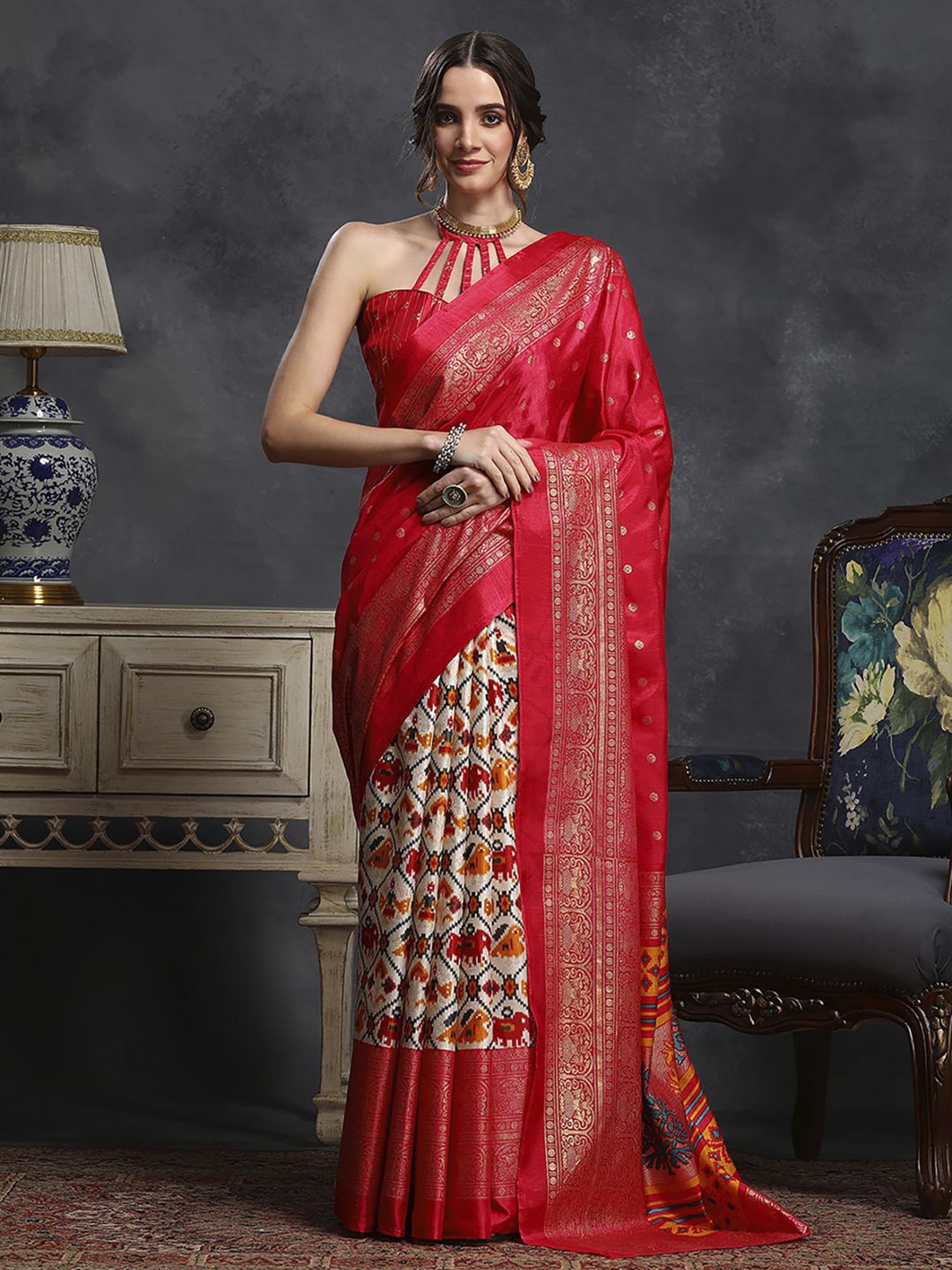 

Anouk Rustic Zari Silk Blend Ikat Saree, Red