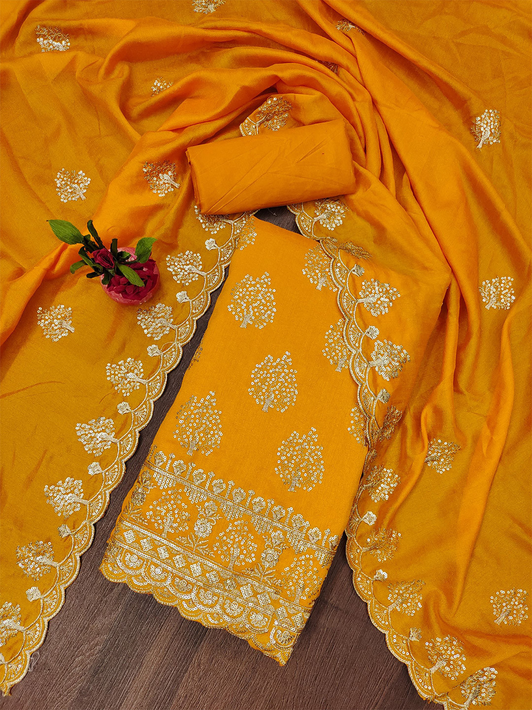 

Rangtulika Floral Embroidered Sequnnied Vichitra Cotton Unstitched Dress Material, Yellow