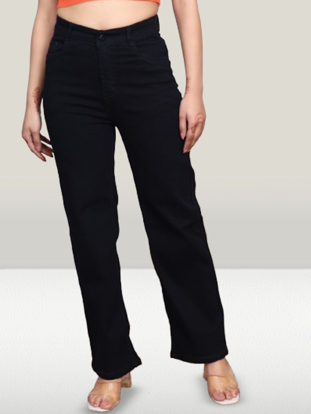 

RIVI Women Jean Wide Leg High-Rise Stretchable Jeans, Black