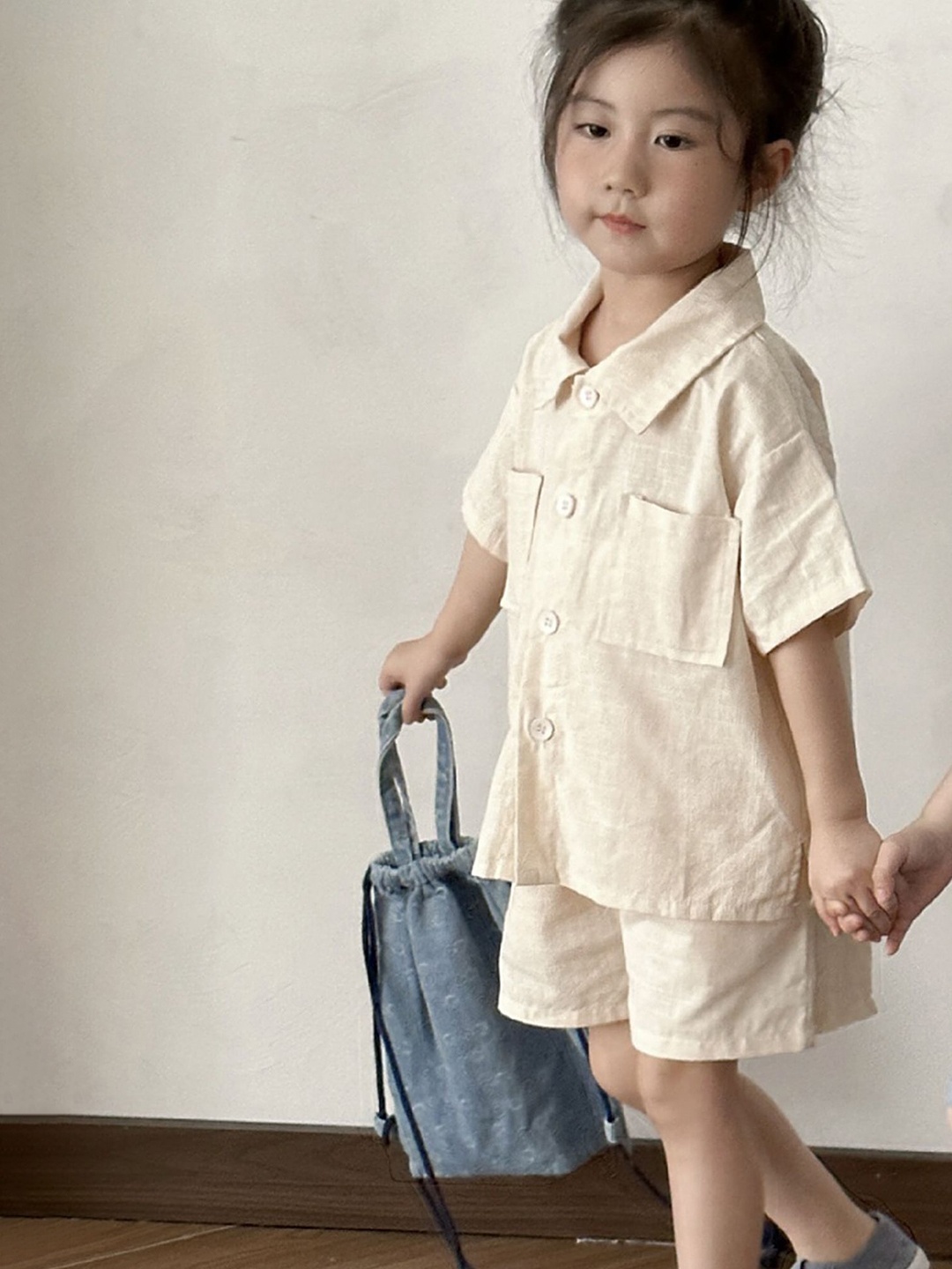 

LULU & SKY Kids Short Sleeves Pure Cotton Shirt With Shorts, Beige