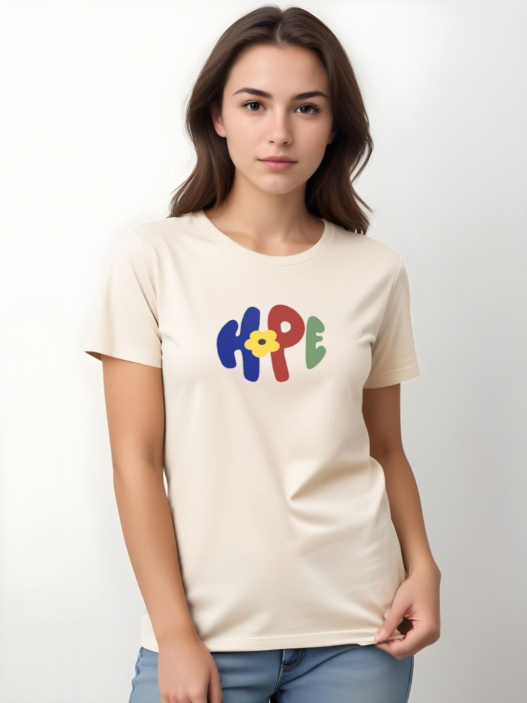 

DressBerry Women Printed Applique T-shirt, Beige