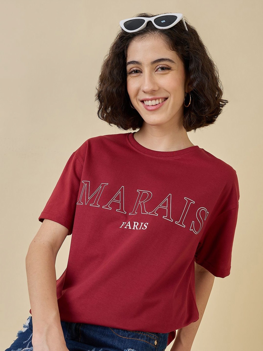 

Mast & Harbour Women Printed Applique T-shirt, Maroon