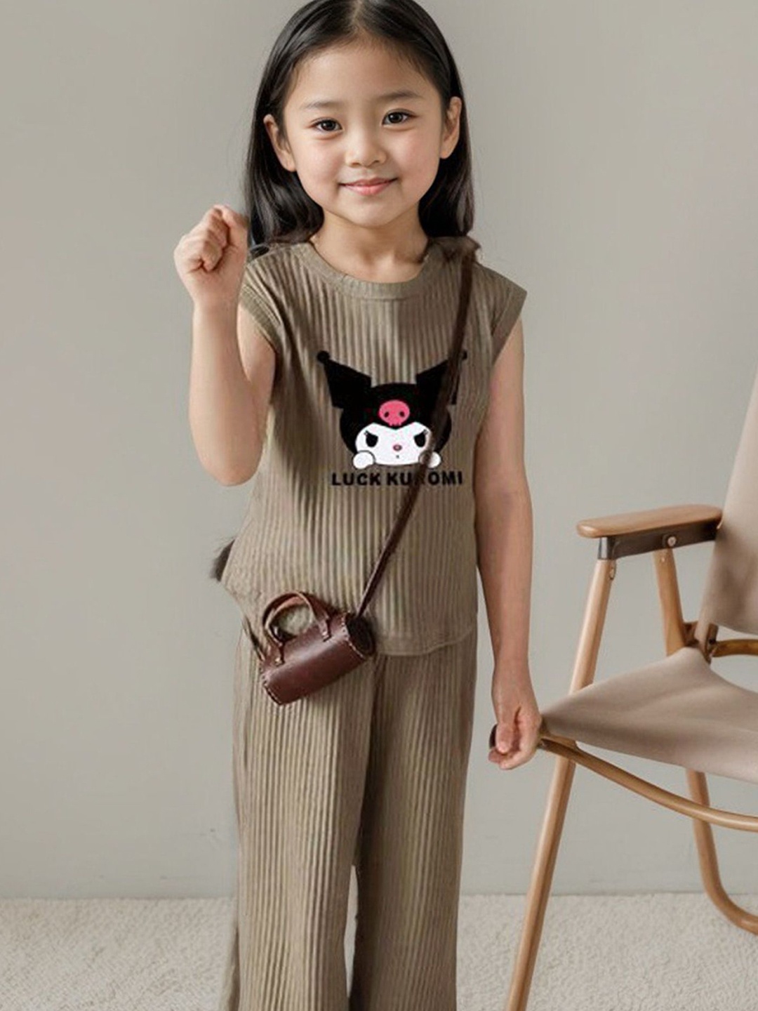 

LULU & SKY Girls Striped Round Neck T-shirt with Trousers, Brown