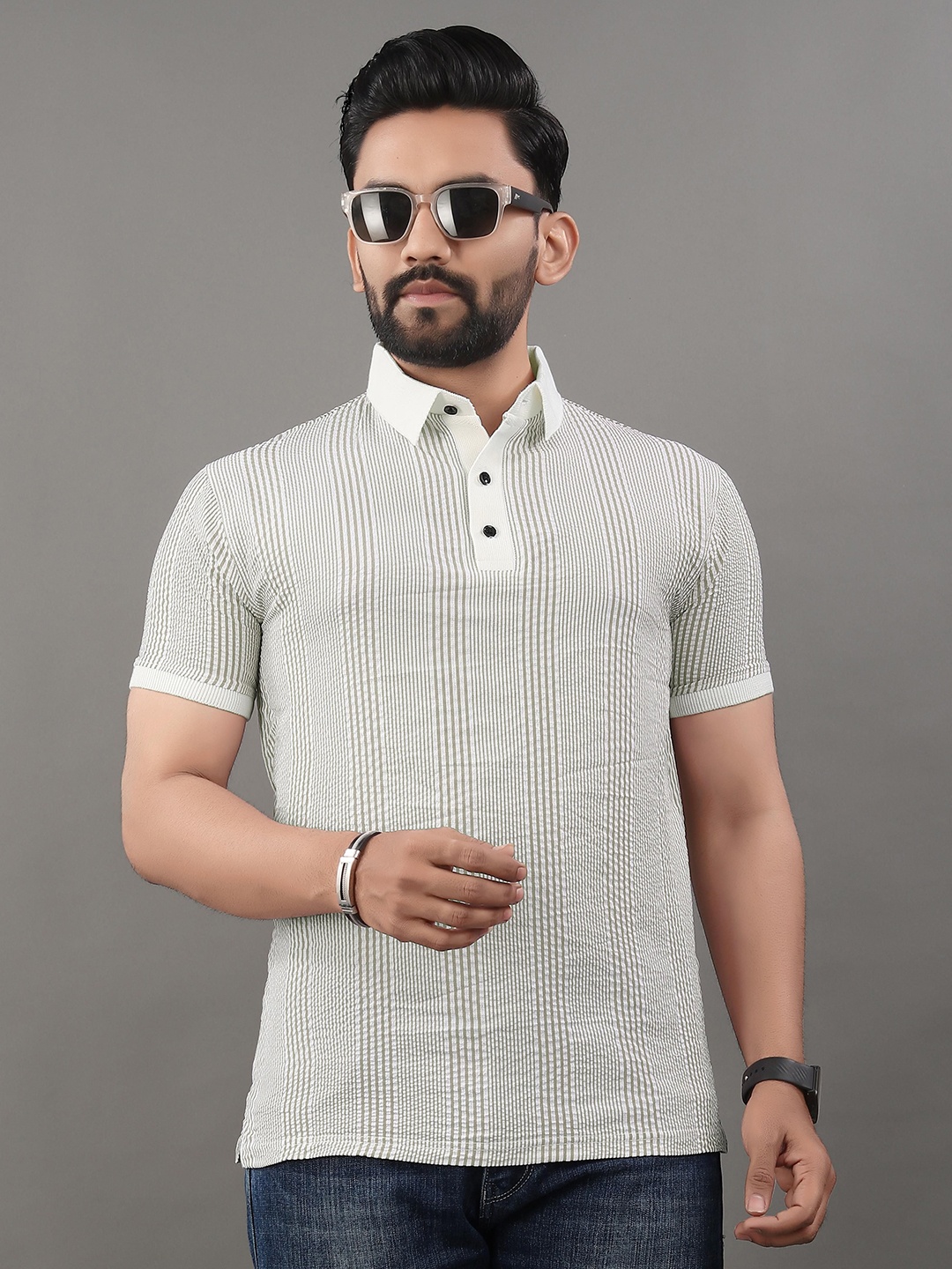 

TERAXO Men Striped Polo Collar T-shirt, Green