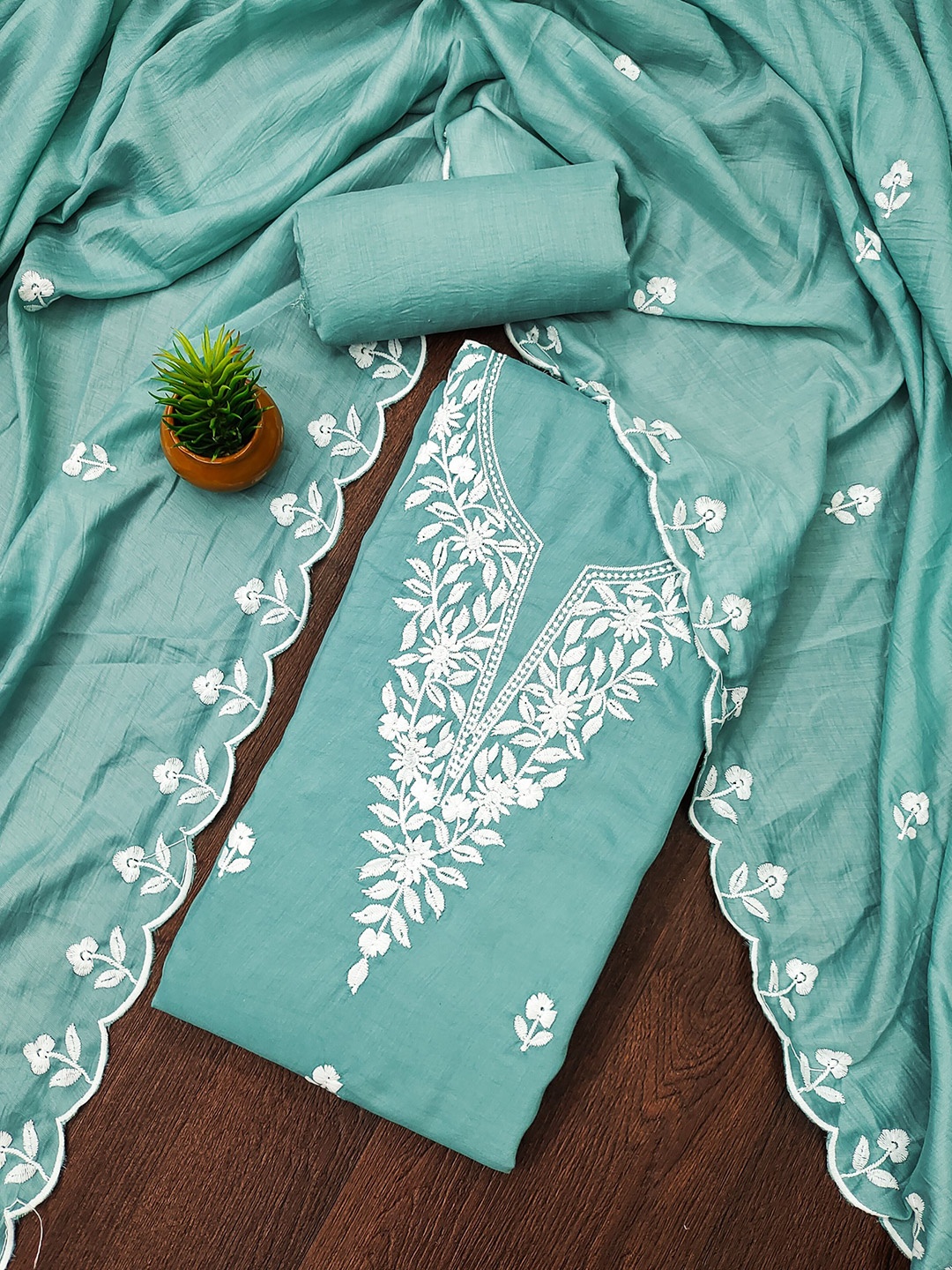 

Rangtulika Floral Embroidered Unstitched Dress Material, Blue
