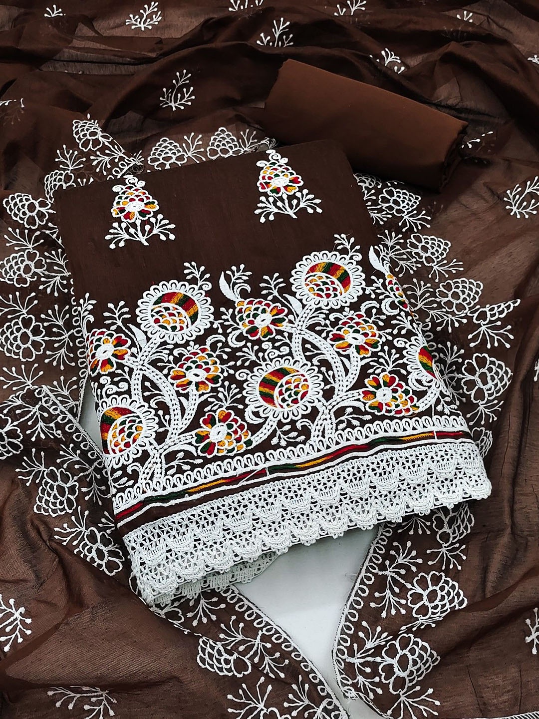 

Rangtulika Ethnics Floral Embroidered Unstitched Dress Material, Brown