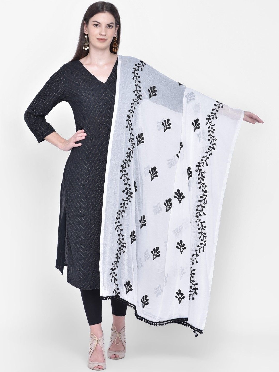 

LA FEMINAE Floral Embroidered Dupatta, White