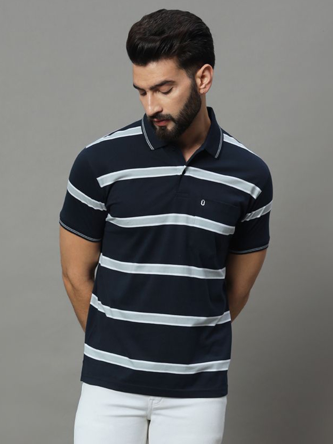 

UNIBERRY Men Striped Polo Collar T-shirt, Navy blue