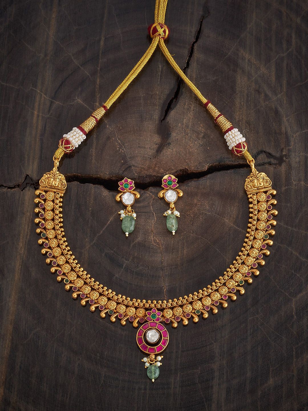 

Kushal's Fashion Jewellery Gold-Plated Ruby Studded Ethnic Antique Jewellery Set