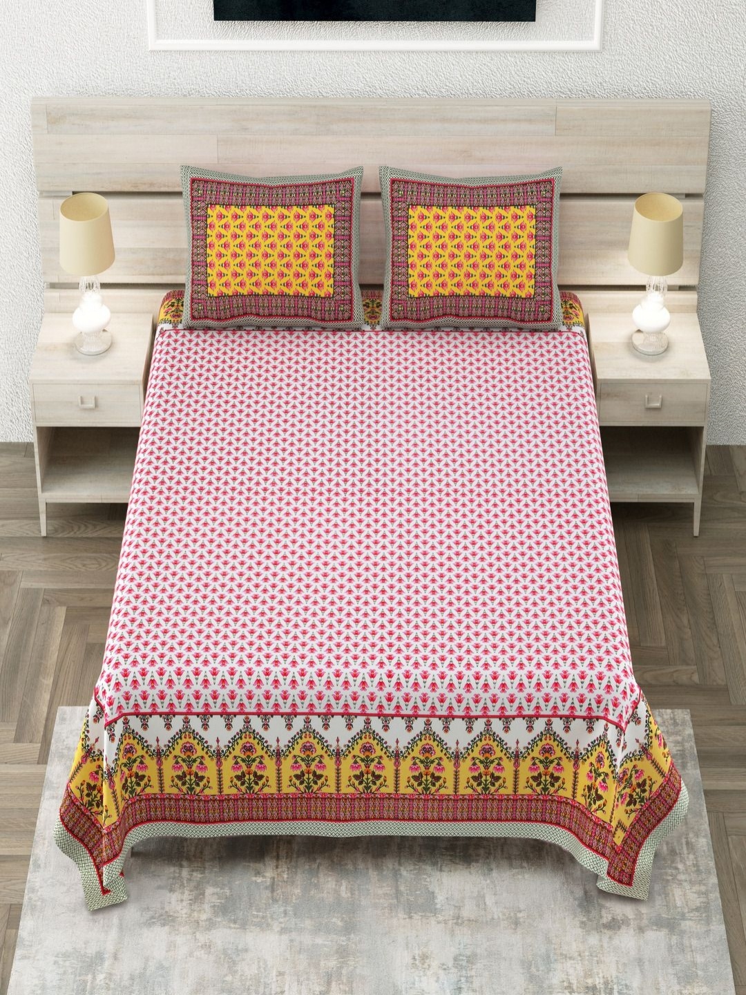 

Aapno Rajasthan Pink Ethnic Motifs Pure Cotton 144 TC King Bedsheet Set 2.74 m x 2.74 m