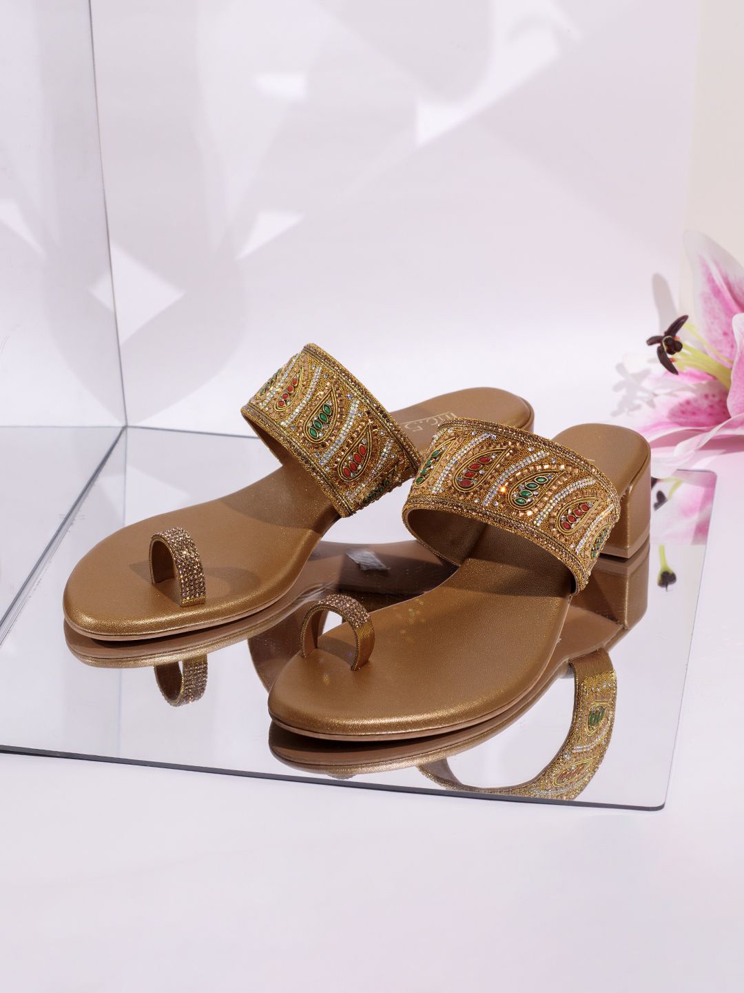 

Inc 5 Embellished Ethnic Block Sandals, Gold