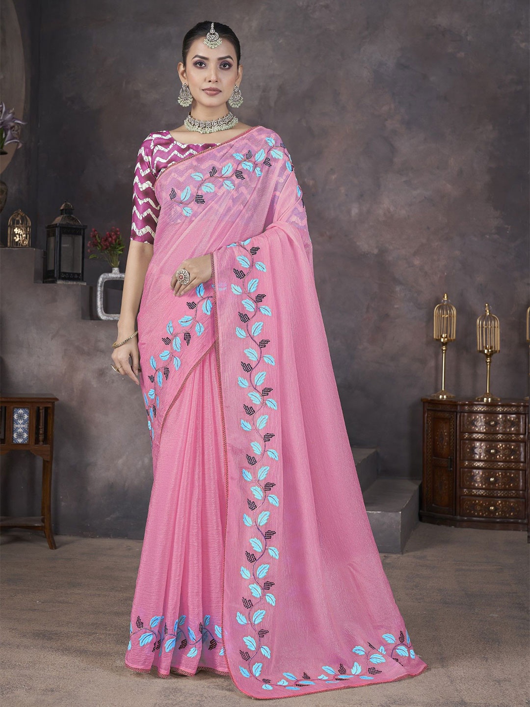 

Mitera Embellished Embroidered Poly Georgette Saree, Pink