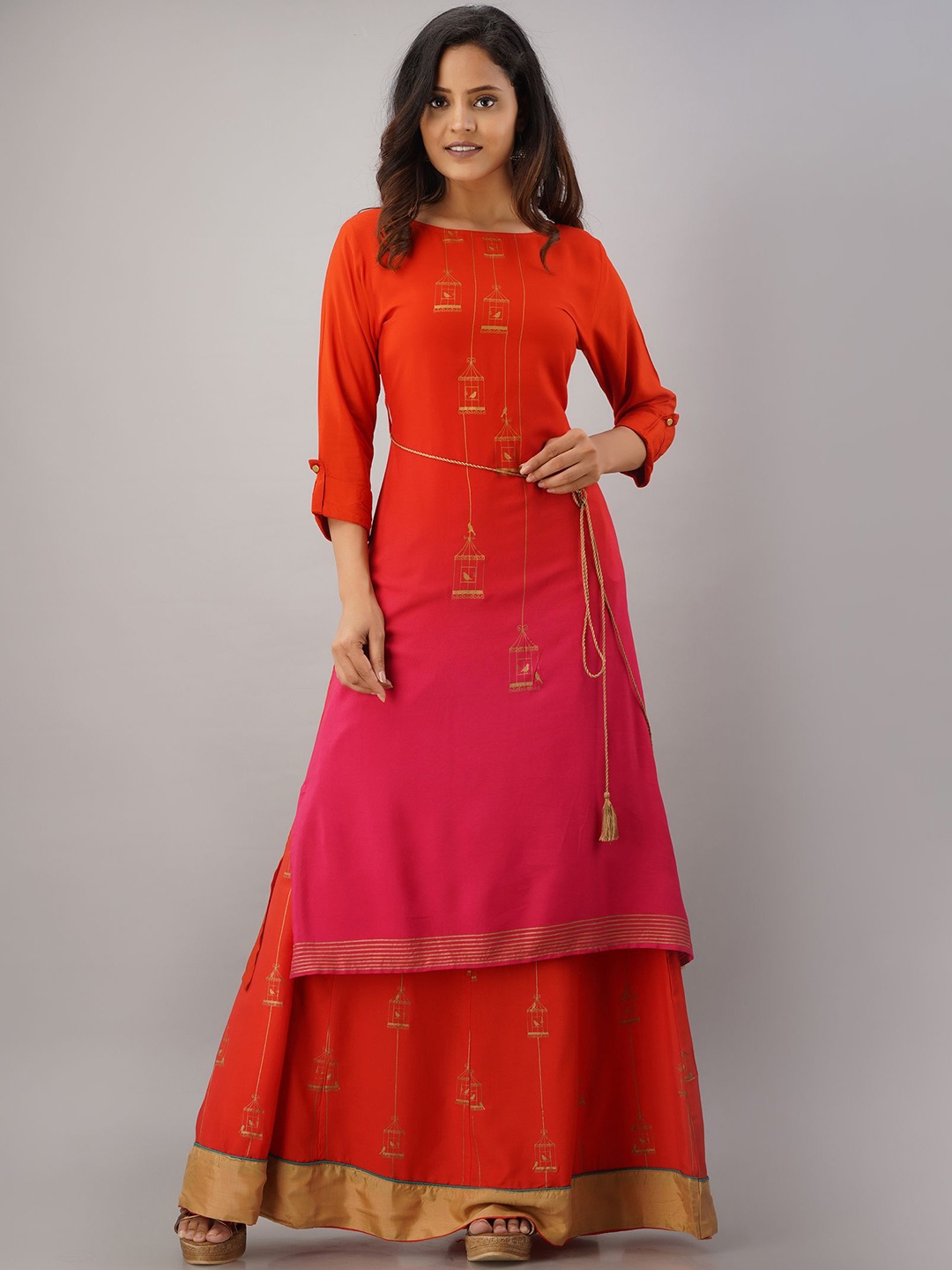 

sewingkrafts Women Ombre Printed Regular Thread Work Kurta with Skirt, Red