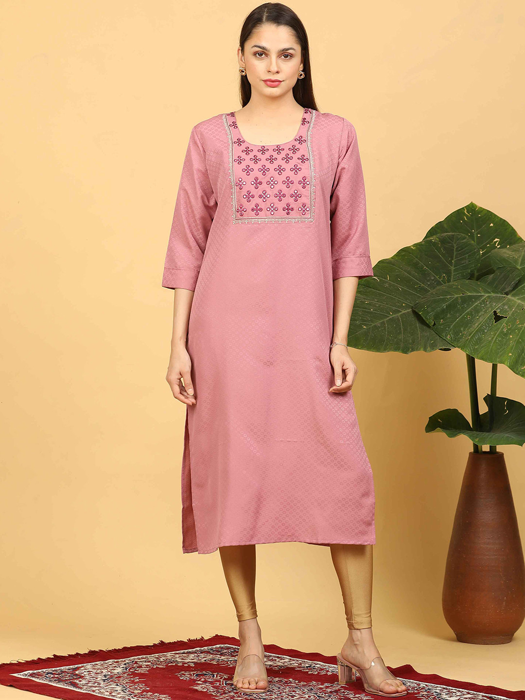 

GOLDSTROMS Floral Embroidered Mirror Work Dobby Silk Straight Kurta, Pink
