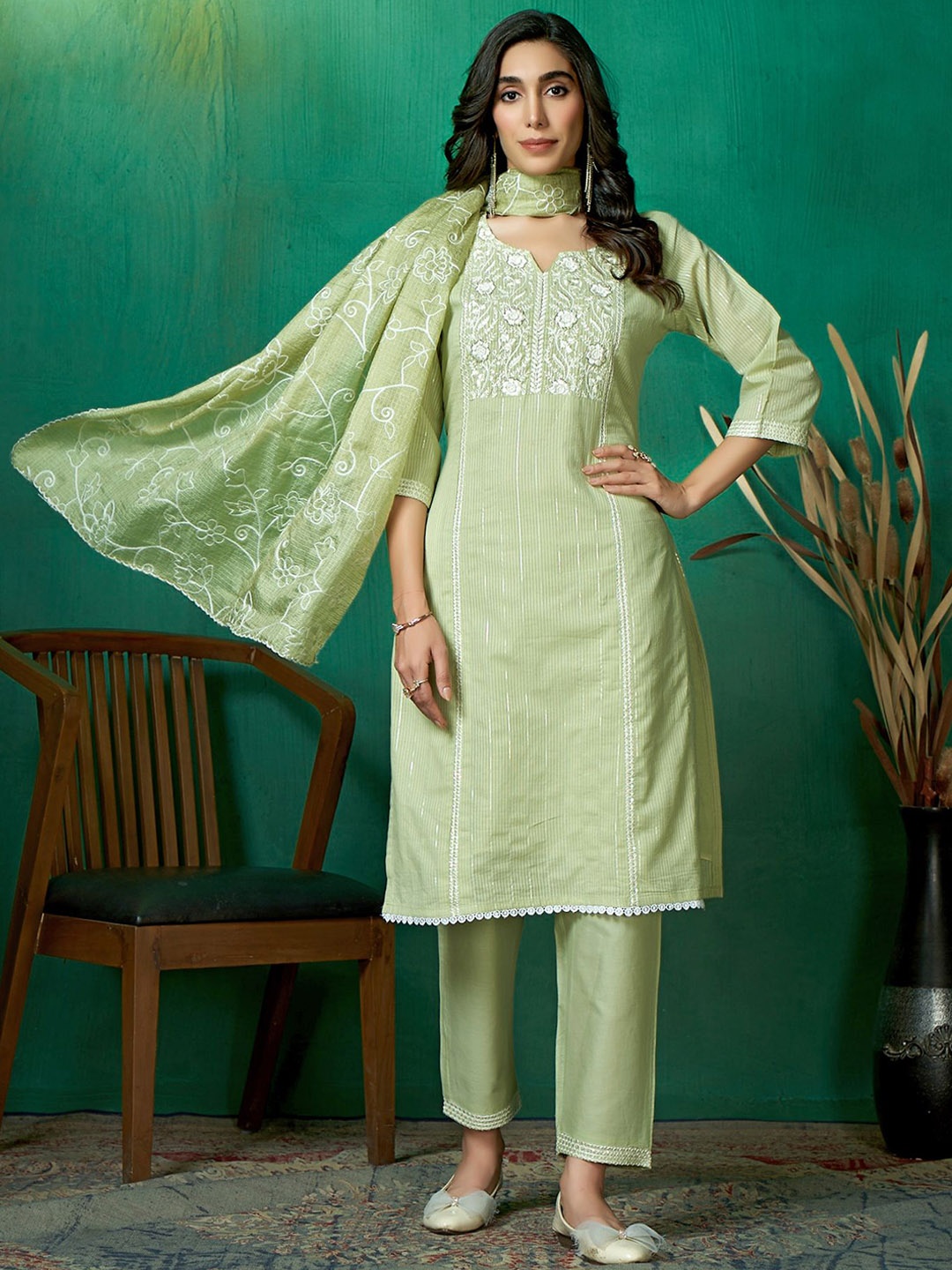 

Sangria Embroidered Pure Cotton Straight Kurta & Trouser With Dupatta, Green