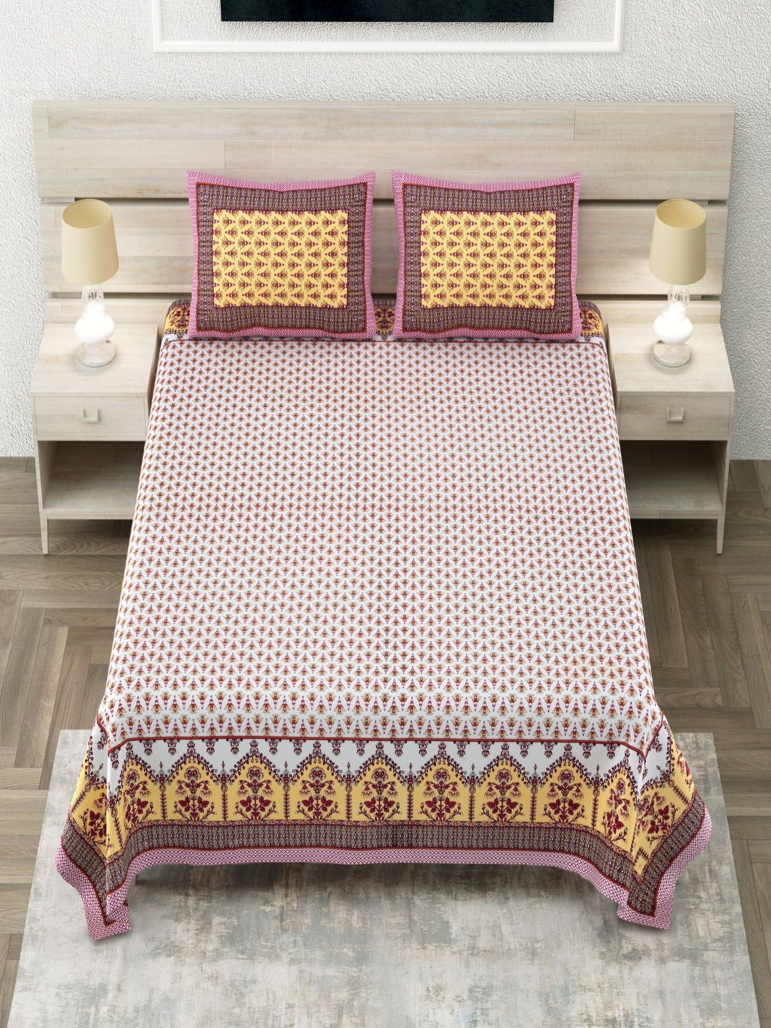 

Aapno Rajasthan White Ethnic Motifs Pure Cotton 144 TC King Bedsheet with 2 Pillow Covers