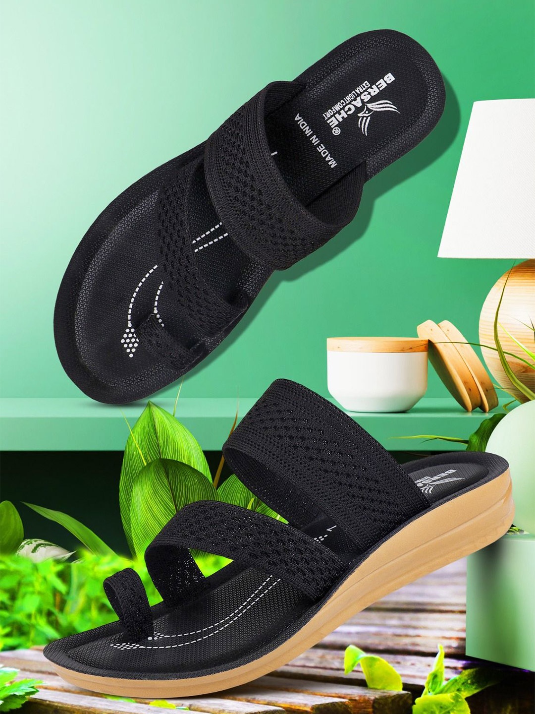 

BERSACHE Set Of 2 Ultra Soft Technology Open Toe Flats, Black