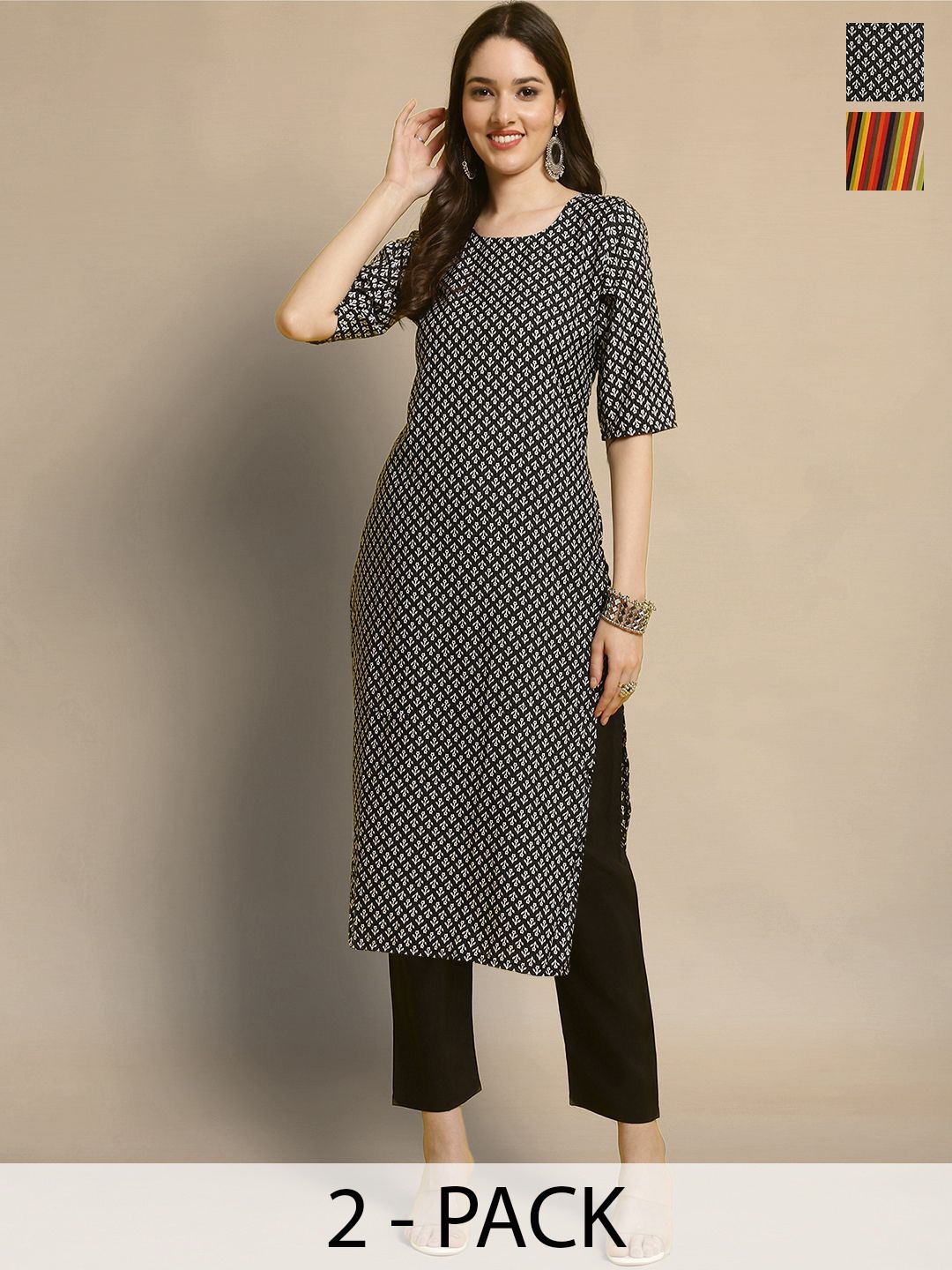 

Moda Rapido Selection Of 2 Floral Printed Straight Kurta With Trousers, Black