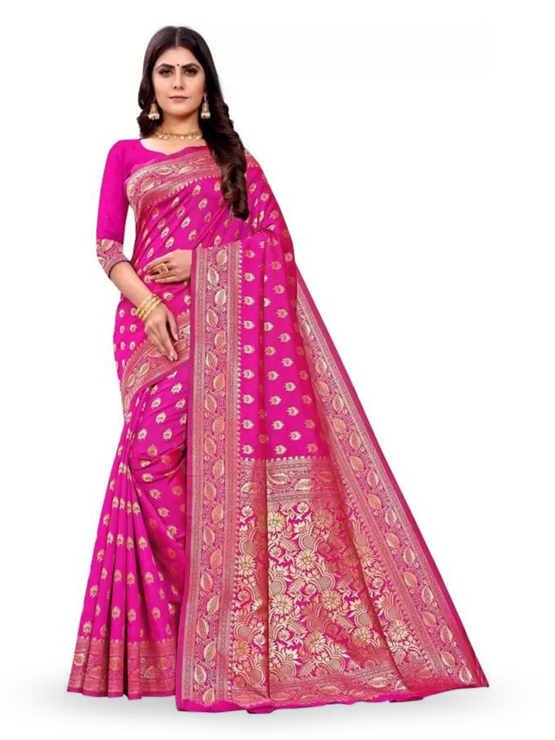 

Florence Woven Design Zari Pure Silk Kanjeevaram Saree, Pink