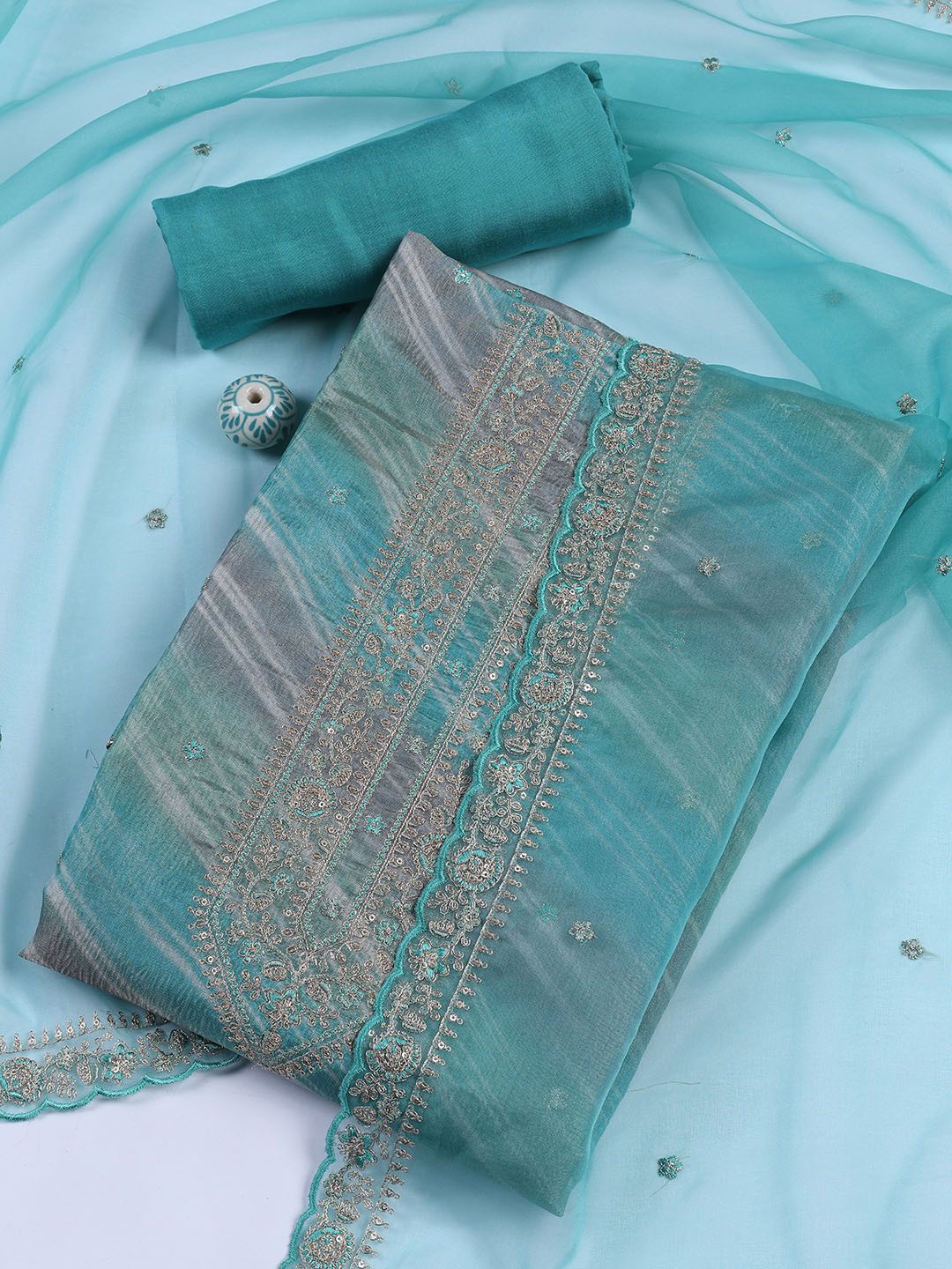 

Meena Bazaar Abstract Printed Sequinned Unstitched Dress Material, Sea green