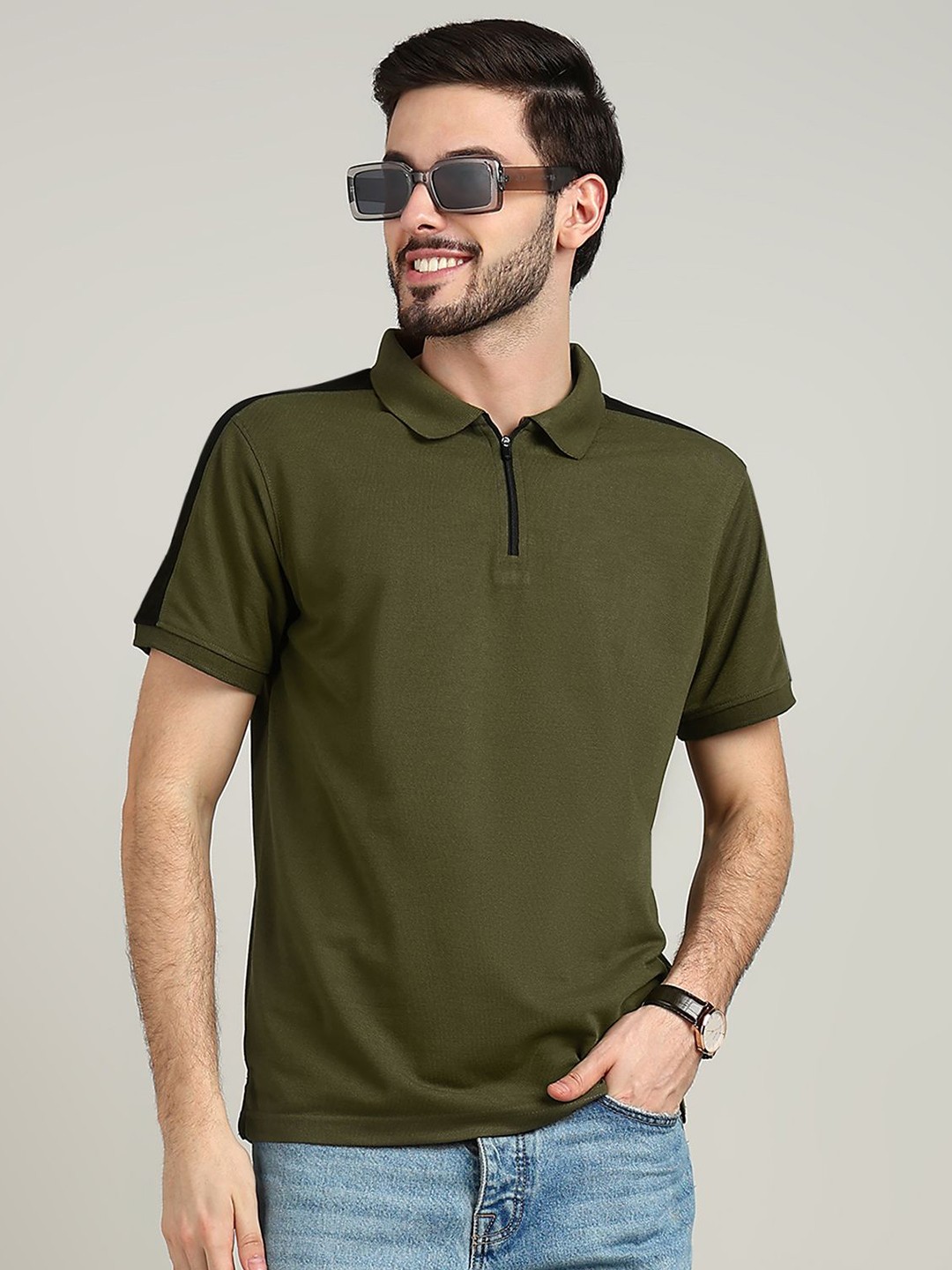 

XFOX Men Colourblocked Polo Collar T-shirt, Olive