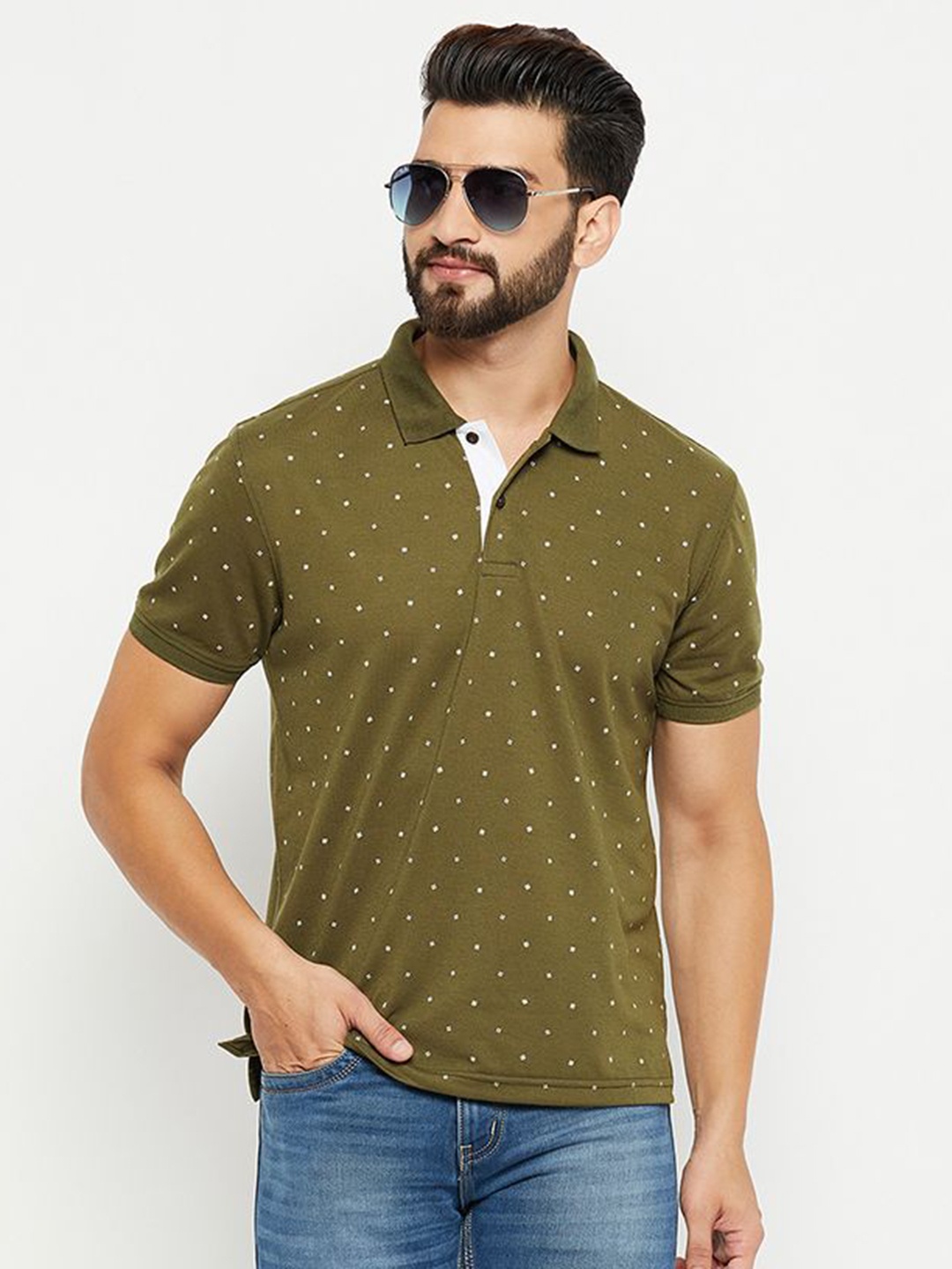 

XFOX Men Polka Dot Printed Polo Collar T-shirt, Olive