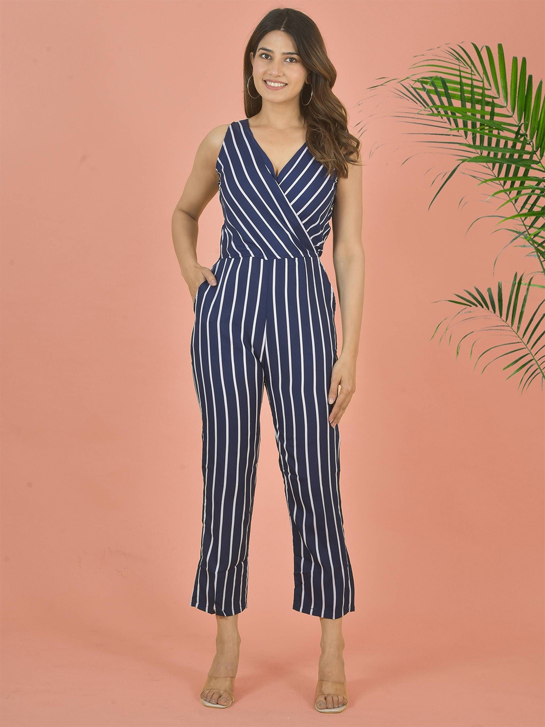 

LA FEMINAE Striped Basic Jumpsuit, Navy blue