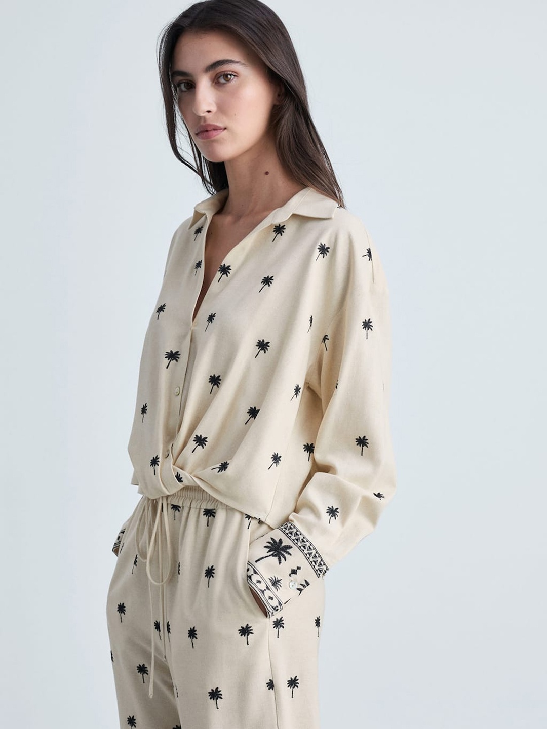 

MANGO Embroidered Knot Detail Shirt, Cream