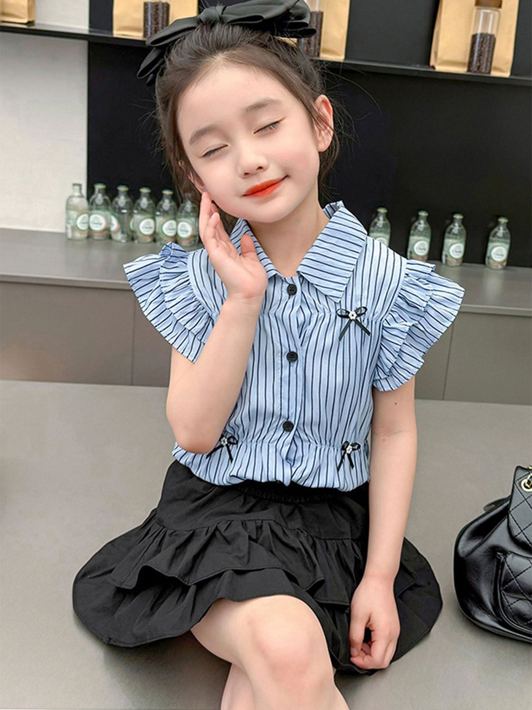 

LULU & SKY Girls Striped Short Sleeves Shirt With Skirt, Blue