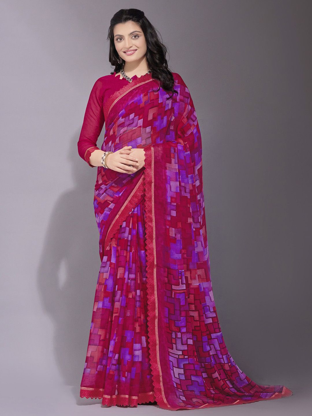 

Anouk Rustic Embroidered Poly Chiffon Bagh Saree, Pink