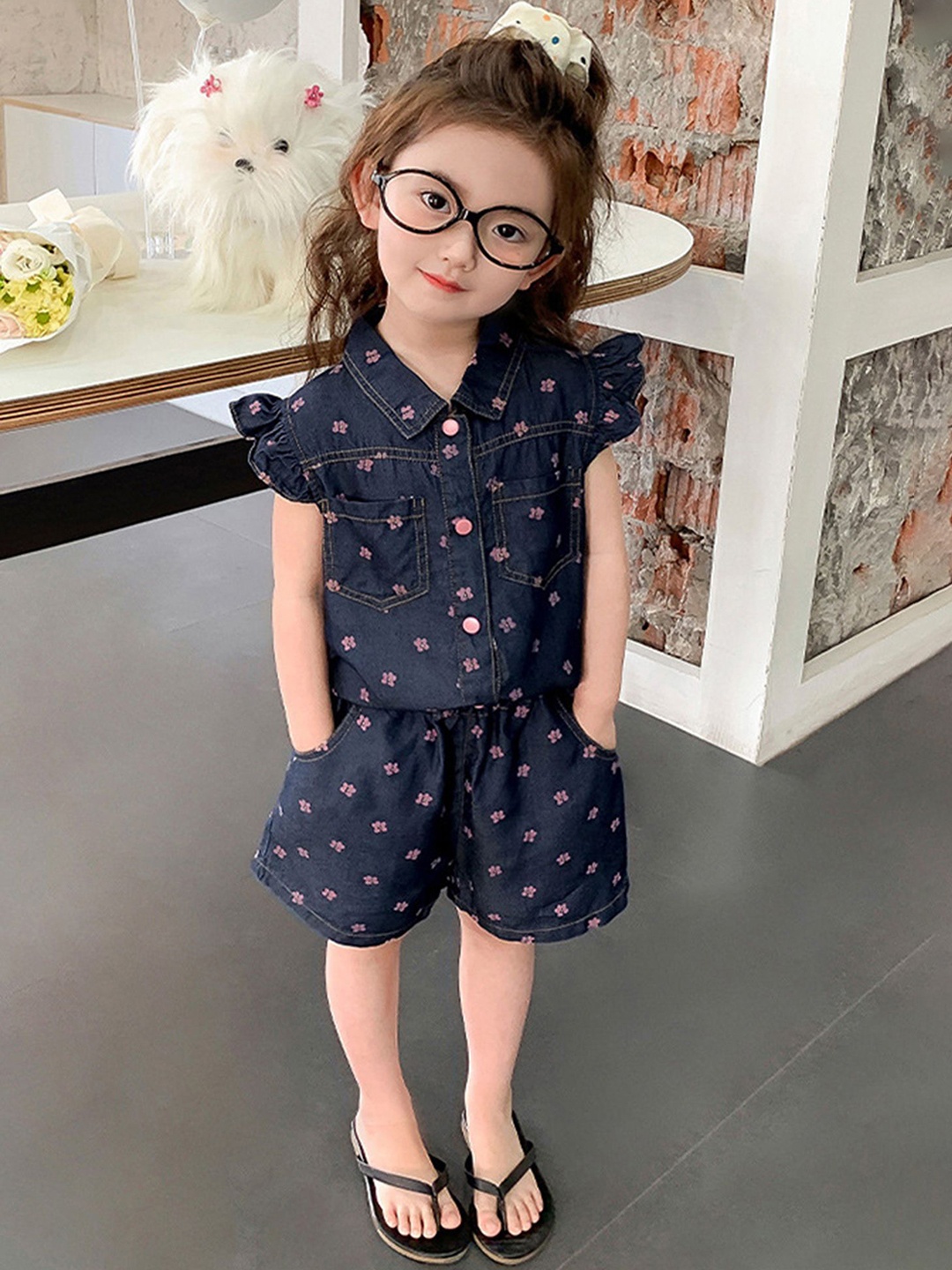 

LULU & SKY Girls Printed Short Sleeves Shirt With Shorts, Navy blue