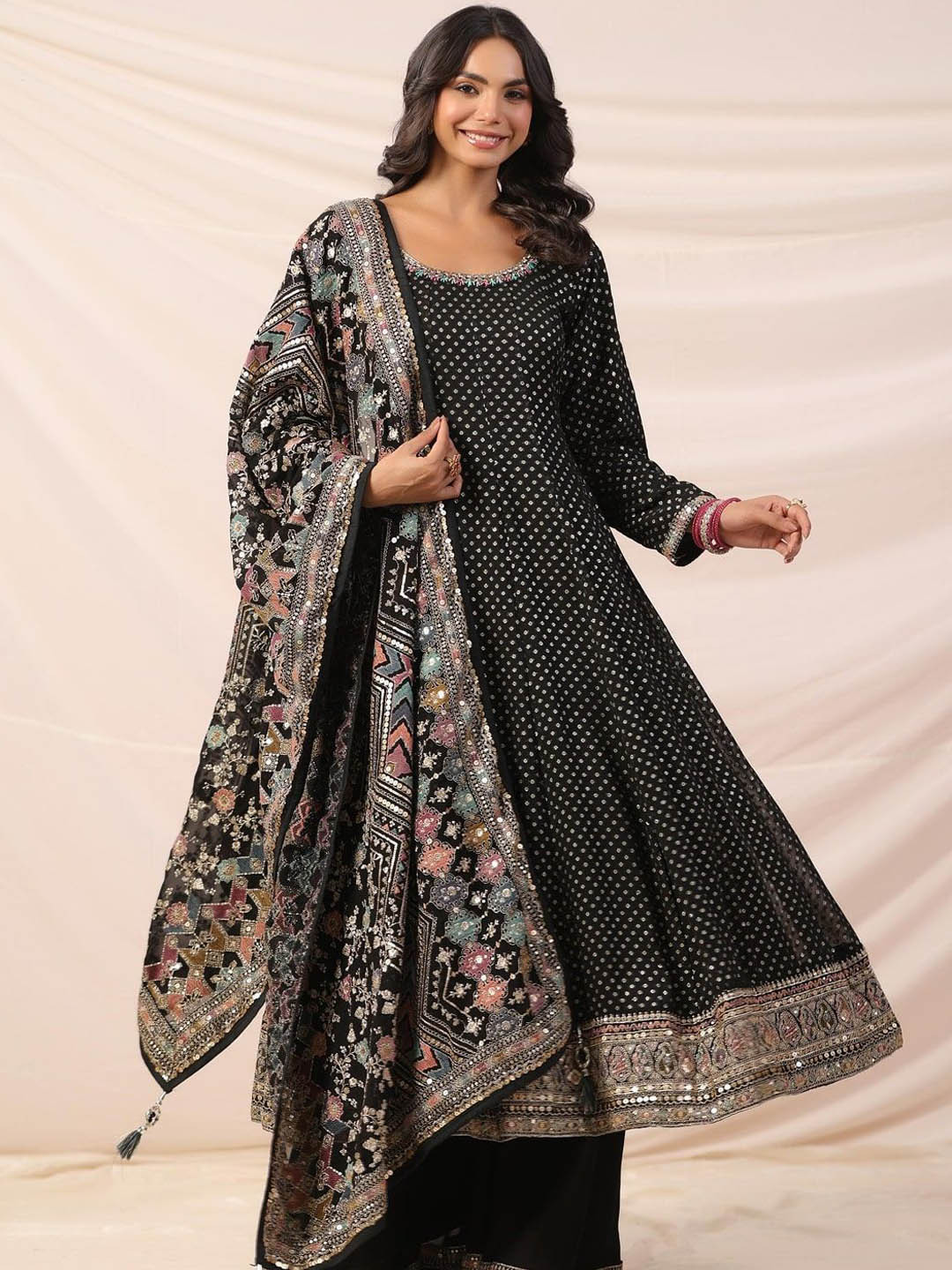 

Sindh Fashion Women Ethnic Motifs Regular Kurta with Palazzos & With Dupatta, Black
