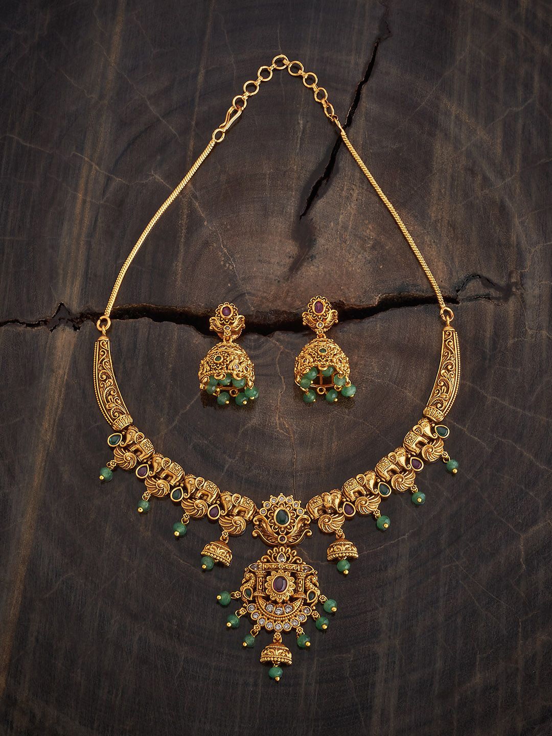 

Kushal's Fashion Jewellery Gold-Plated Ruby Studded Ethnic Antique Jewellery Set