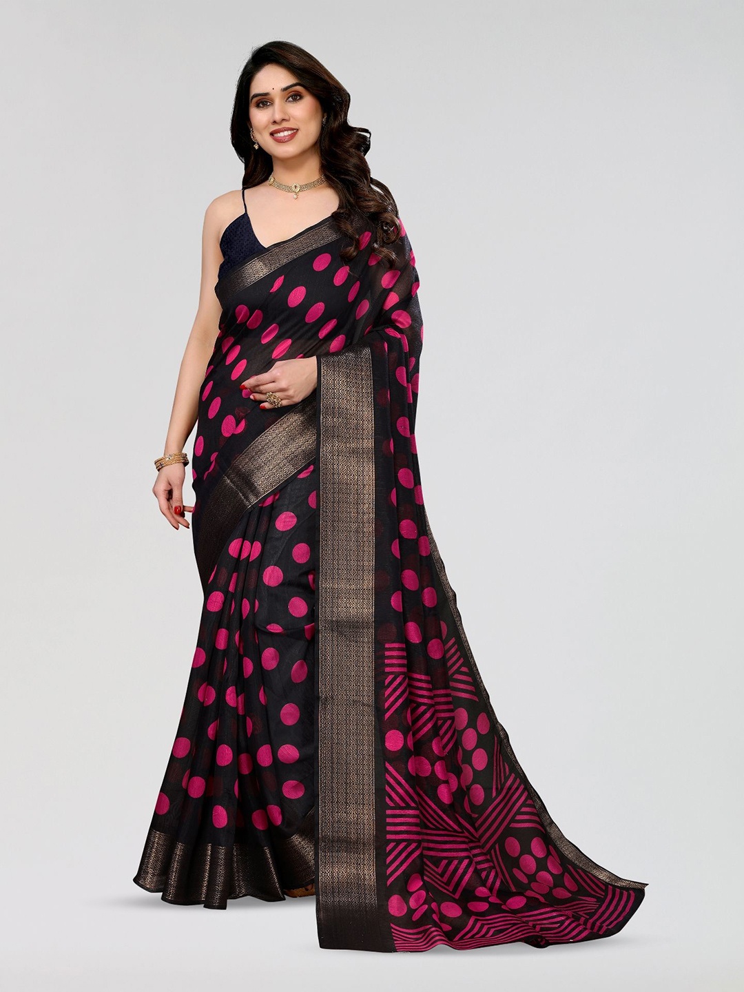 

Moda Rapido Polka Dot Zari Saree, Pink