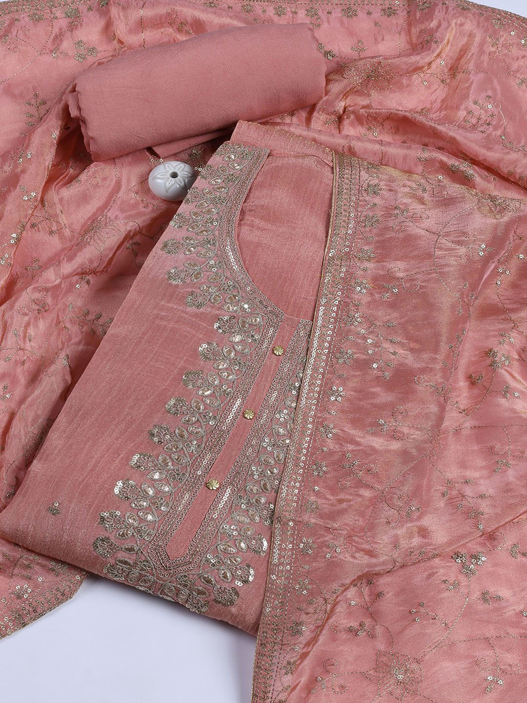 

Meena Bazaar Floral Embroidered Sequinned Unstitched Dress Material, Peach