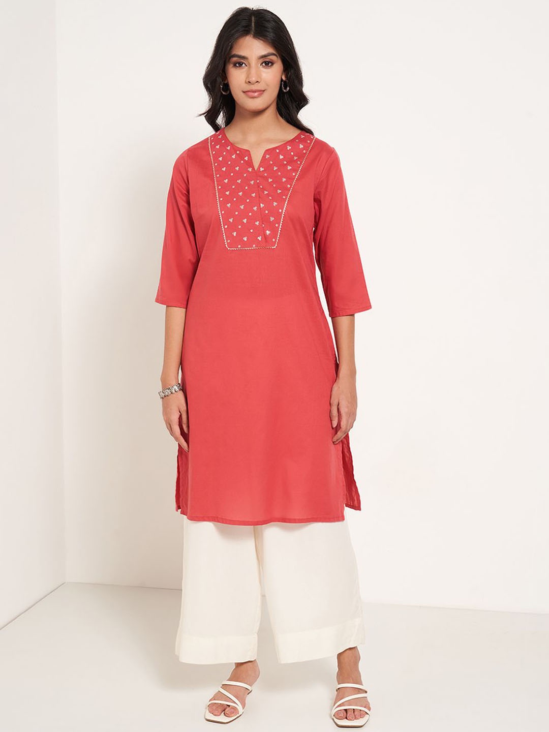 

RANGMANCH BY PANTALOONS Embroidered Notch-Neck Cotton Straight Kurta, Orange