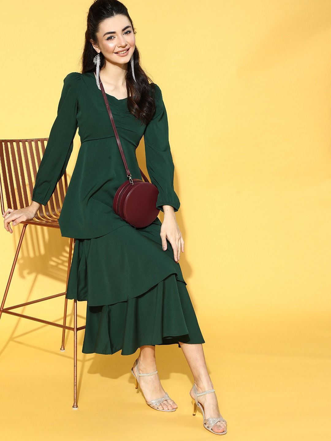 

Berrylush Puff Sleeve Layered A-Line Maxi Dress, Green